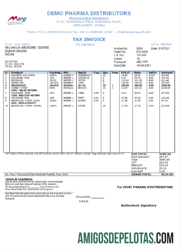Fatura de serviços de consultoria de medicamentos do distribuidor farmacêutico demonstrativo da Índia baixar para verificação